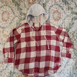 American Eagle Outfitters Womens Red White Plaid Hoodie Button-Down Shirt XL